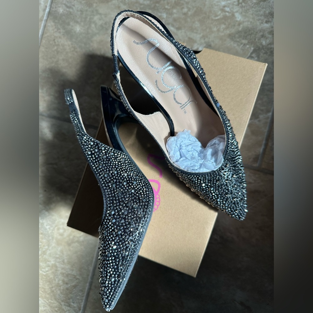 Black Crystal-Embellished Slingback Heels